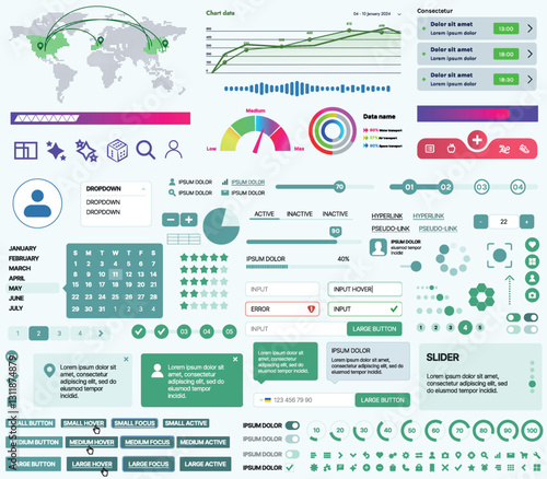 Set of UI/UX elements for websites and mobile applications: buttons, forms, menus, panels, icons, login, payment, rating. Modern design for convenient interaction and business planning