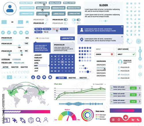 Set of UI/UX elements for websites and mobile applications: buttons, forms, menus, panels, icons, login, payment, rating. Modern design for convenient interaction and business planning