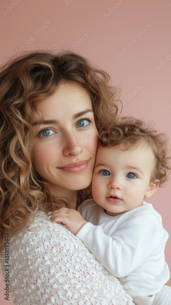 A tender, close-up portrait capturing a mother holding her baby against a soft pink backdrop, highlighting their affectionate bond. A tender, close-up portrait capturing a mother holding her baby against a soft pink backdrop, highlighting their affectionate bond.