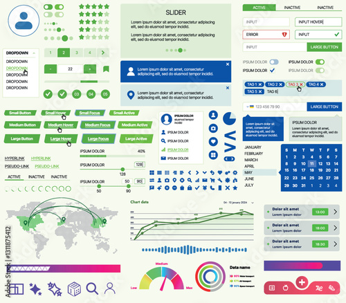 Set of UI/UX elements for websites and mobile applications: buttons, forms, menus, panels, icons, login, payment, rating. Modern design for convenient interaction and business planning
