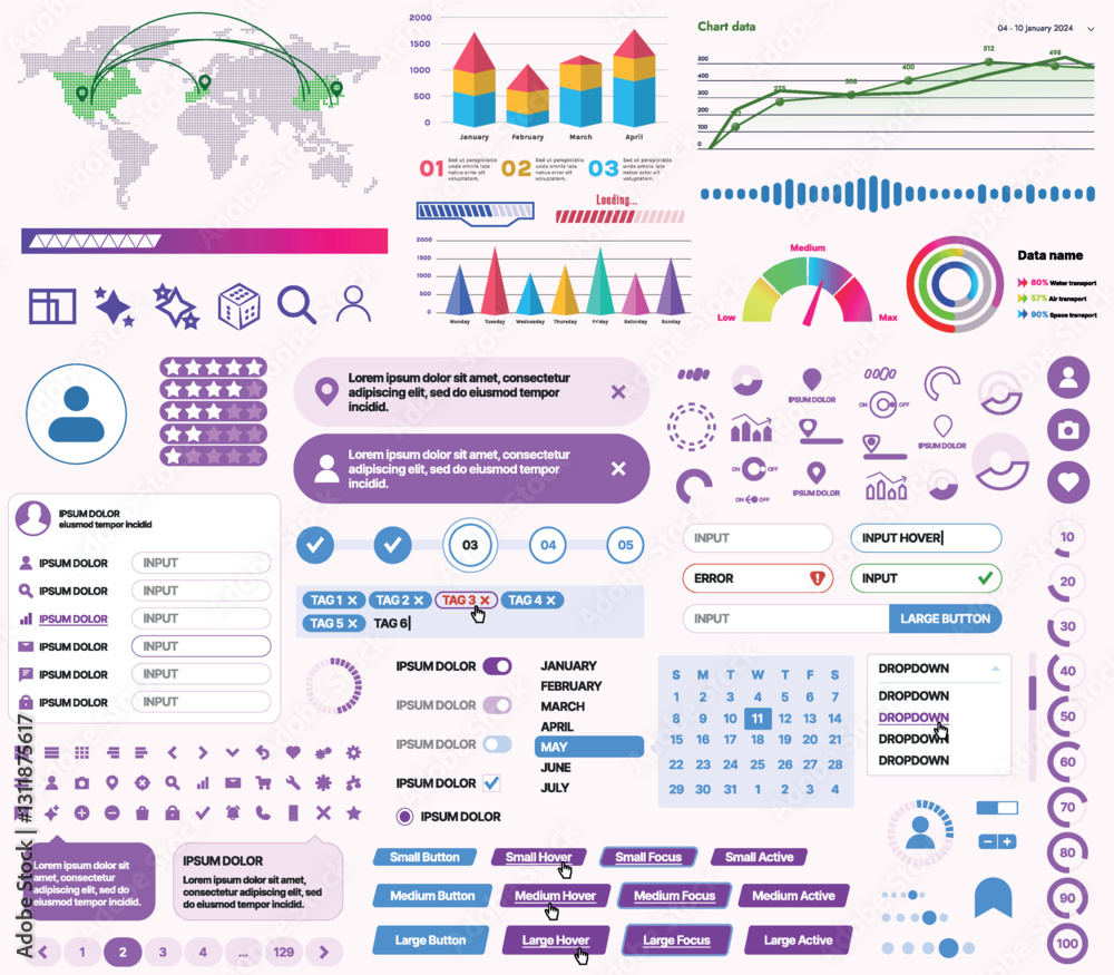 Set of UI/UX elements for websites and mobile applications: buttons, forms, menus, panels, icons, login, payment, rating. Modern design for convenient interaction and business planning