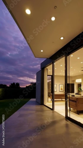 Modern home twilight reflection: sliding glass doors opening to scenic garden evening