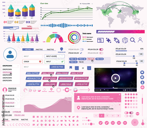Set of UI/UX elements for websites and mobile applications: buttons, forms, menus, panels, icons, login, payment, rating. Modern design for convenient interaction and business planning