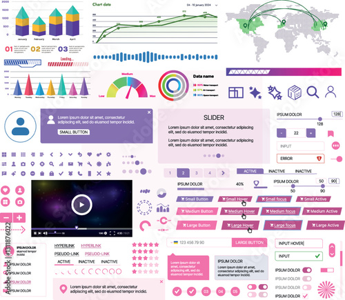 Set of UI/UX elements for websites and mobile applications: buttons, forms, menus, panels, icons, login, payment, rating. Modern design for convenient interaction and business planning