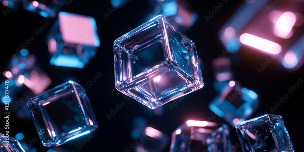 Abstract Neon Cubes Glowing Crystal Blocks Falling in Dark Background Abstract Neon Cubes Glowing Crystal Blocks Falling in Dark Background