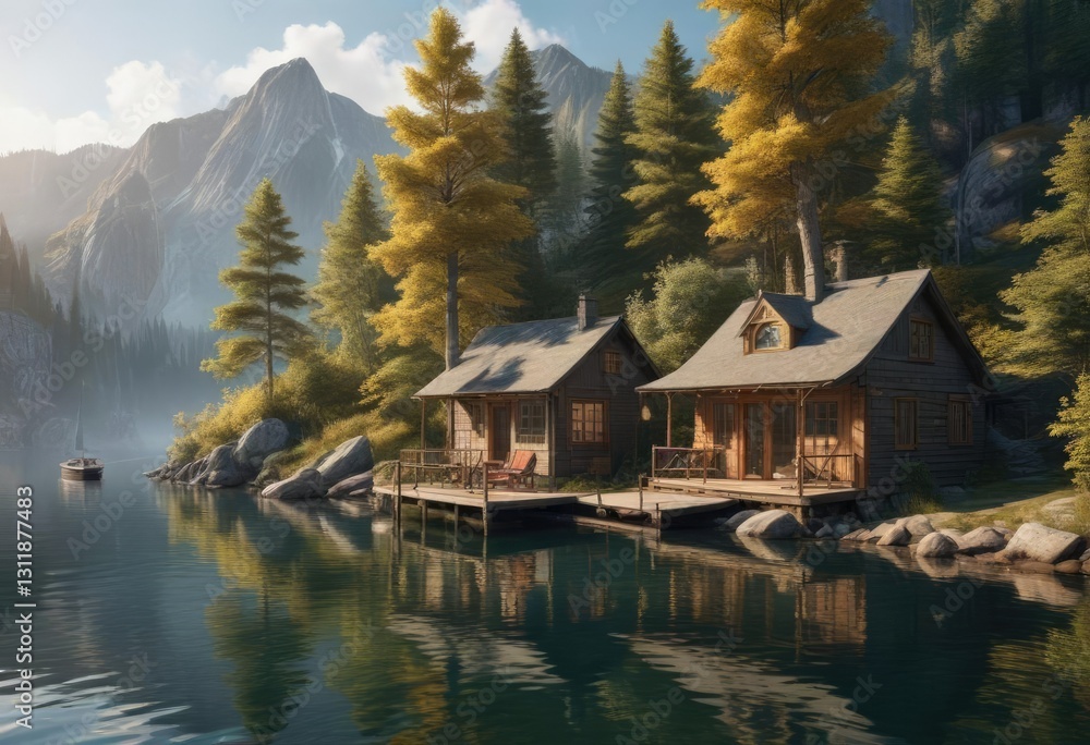 Fototapeta premium Lakeside cabin with a private dock and a sailboat anchored in the water, sailboat, dock, anchor
