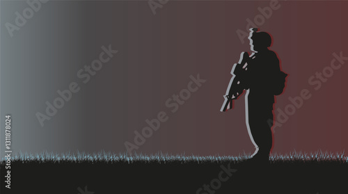 Military abstraction. Silhouette of a soldier with a weapon on a gradient background.