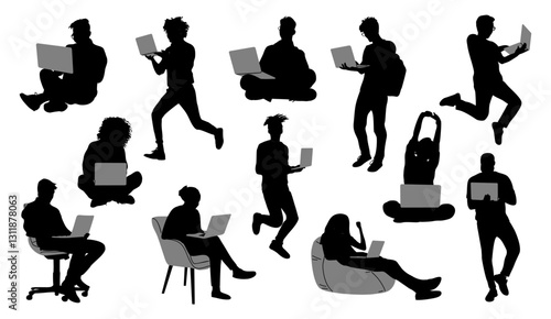 Set of People using laptop silhouettes. Different men, women working online, surfing internet with computer, sitting on office chair, bean bag armchair, floor, standing, walking. Vector isolated.