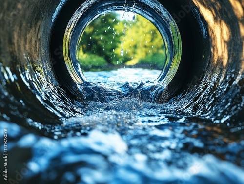A large sewer pipe with water flowing out. Generative AI