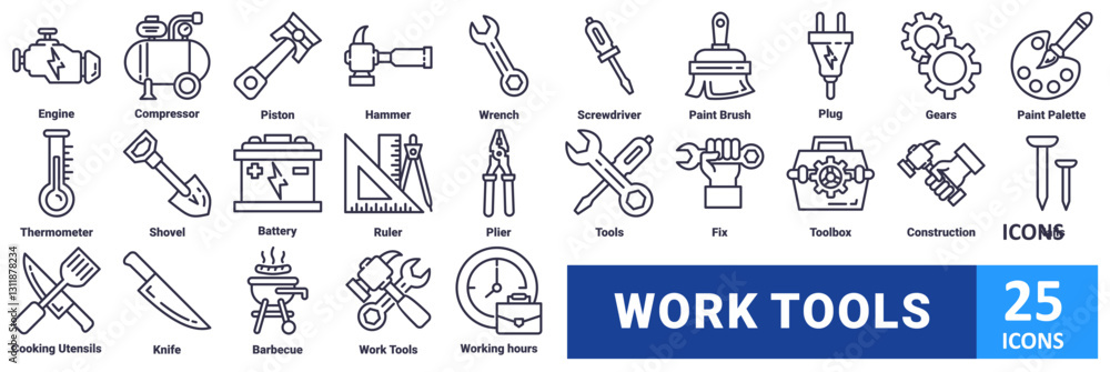 Work Tools icon set with icon Engine, Compressor, Piston, Hammer, Wrench, Screwdriver, Paint Brush, Plug, Gears, Paint Palette, Thermometer, Shovel, Battery, Ruler, Plier, Tools, Fix, Toolbox Work Tools icon set with icon Engine, Compressor, Piston, Hammer, Wrench, Screwdriver, Paint Brush, Plug, Gears, Paint Palette, Thermometer, Shovel, Battery, Ruler, Plier, Tools, Fix, Toolbox