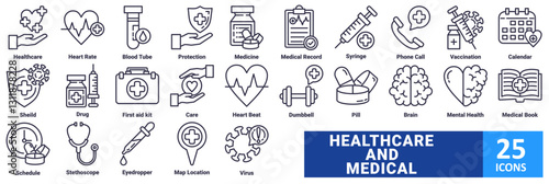 Healthcare and Medical  icon set with icon Healthcare, Heart Rate, Blood Tube, Protection, Medicine, Medical Record, Syringe, Phone Call, Vaccination, Calendar, Shield, Drug, First aid kit, Care, 