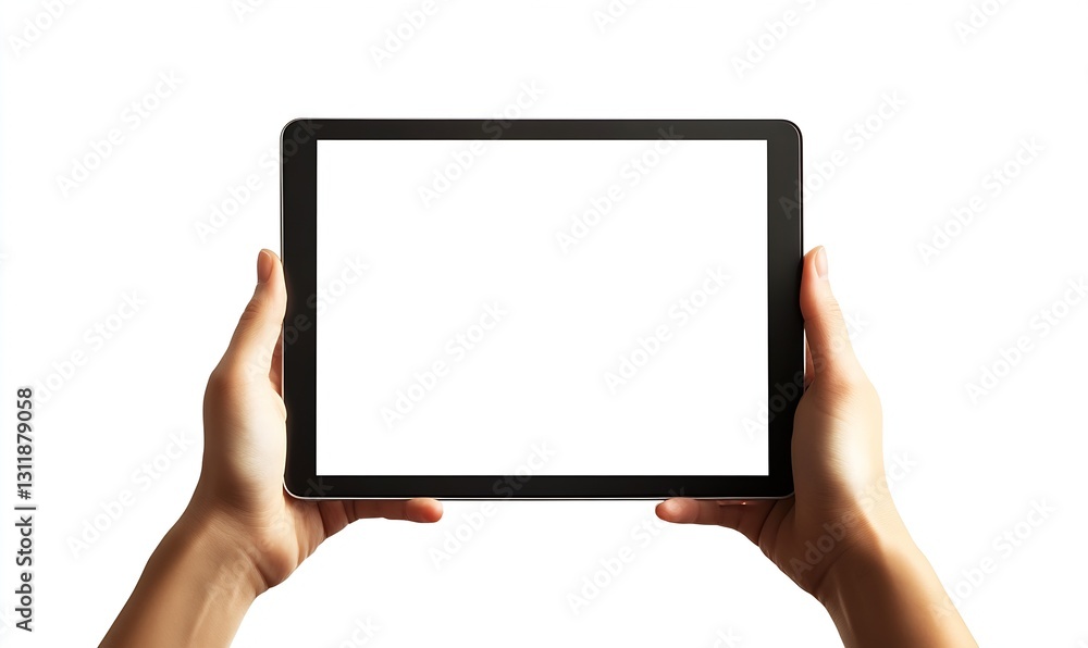Hands holding a blank tablet screen on a white background for digital display or template usage : Generative AI Hands holding a blank tablet screen on a white background for digital display or template usage : Generative AI