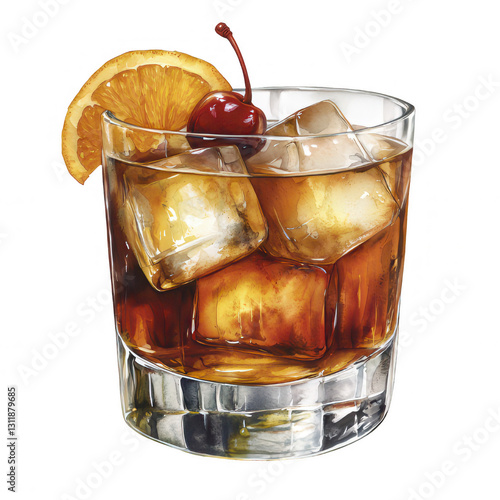 Watercolor Old Fashioned Cocktail with Orange and Cherry Garnish