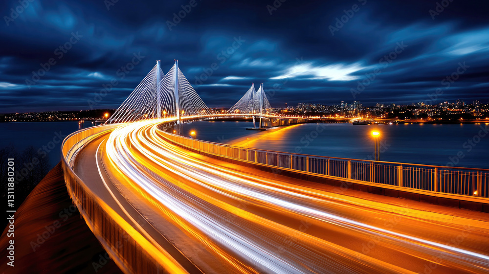 Obraz premium Dynamic light trails on urban bridge deck at night with vibrant cityscape background