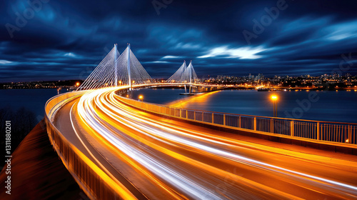 Dynamic light trails on urban bridge deck at night with vibrant cityscape background