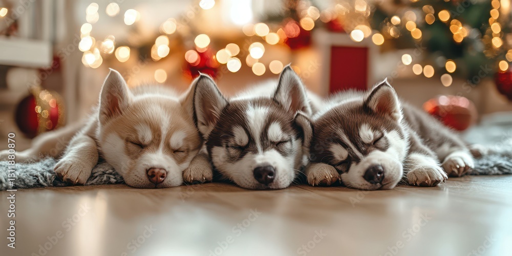 Three adorable sleeping puppies nestled together during the holiday season in a cozy setting with Christmas decorations Three adorable sleeping puppies nestled together during the holiday season in a cozy setting with Christmas decorations
