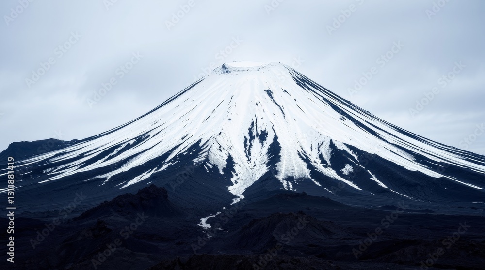 Dramatic snowy mountain peak against an overcast sky showcasing dark landscape Dramatic snowy mountain peak against an overcast sky showcasing dark landscape