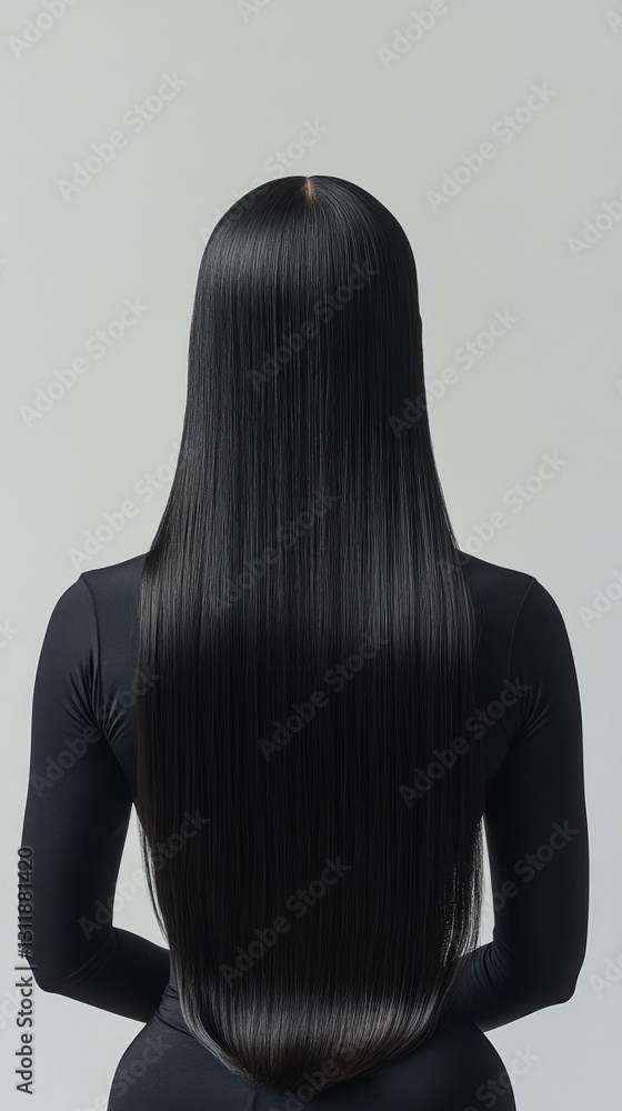 Fototapeta premium Thick and glossy black hair in the rear view portrait, the focus of the picture is entirely focused on her luxurious hair, the overall picture is full of modern and artistic, showing a unique visual i