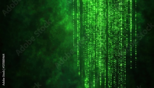 Digital green matrix effect with cascading binary code and a mysterious ambiance.