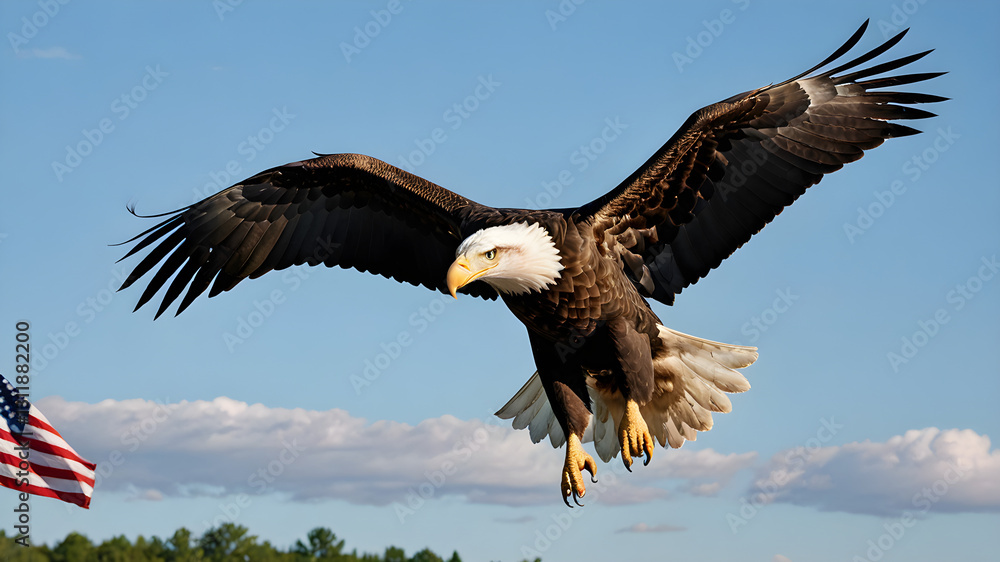 Majestic Bald Flying Eagle with the American Flag. A Symbol of Freedom and Patriotism. Generative AI. Majestic Bald Flying Eagle with the American Flag. A Symbol of Freedom and Patriotism. Generative AI.