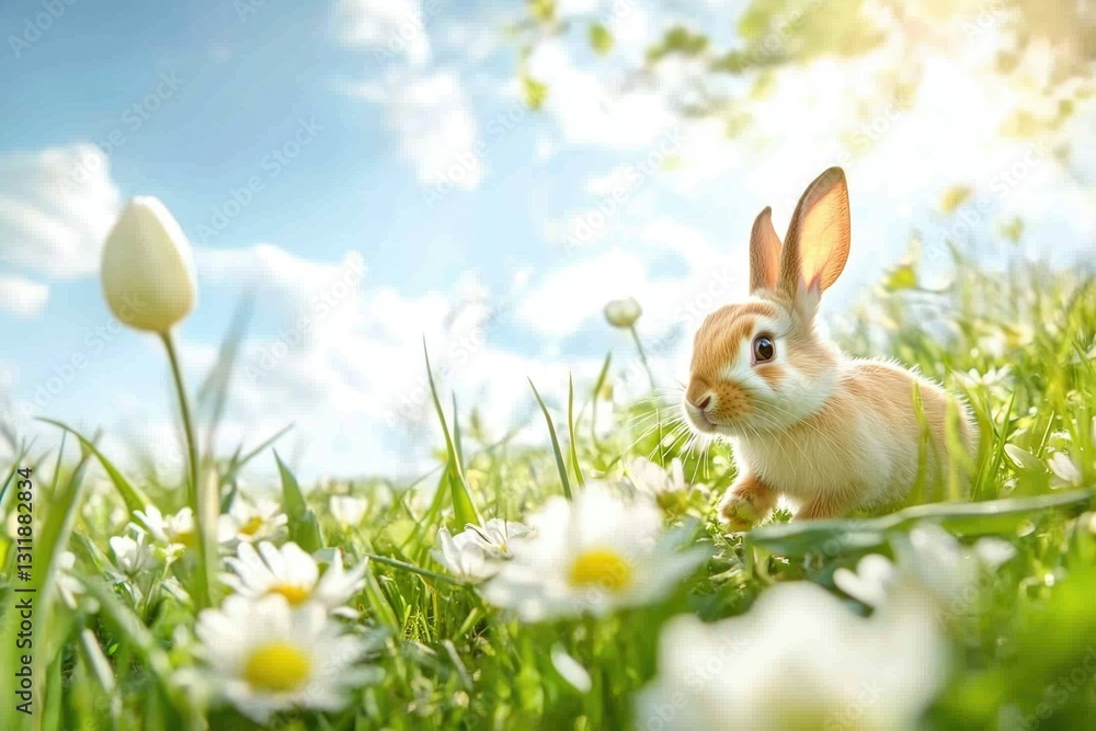 Cute brown rabbit in colorful meadow with spring flowers and blue sky Cute brown rabbit in colorful meadow with spring flowers and blue sky