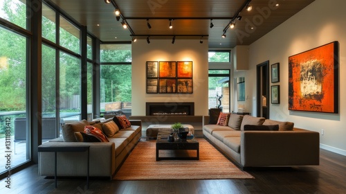 Sophisticated modern living room with an elegant track lighting system, featuring adjustable LED spotlights for a dynamic look