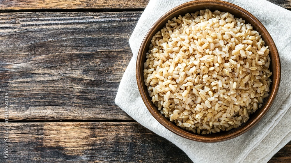 Bowl of Long-Grain Brown Rice on Wooden Table, Top View Flat Lay, Close-Up, White Napkin, Copy Space, High-Resolution, Detailed, Isolated Background