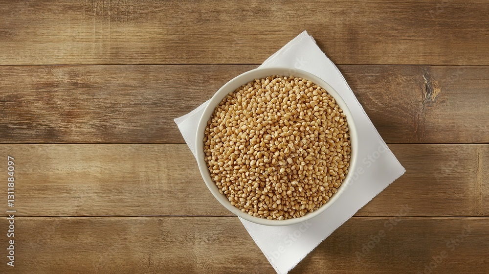 Bowl of Long-Grain Brown Rice on Wooden Table, Top View Flat Lay, Close-Up, White Napkin, Copy Space, High-Resolution, Detailed, Isolated Background