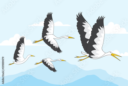 Vector flock of storks flying in the sky. Illustration of stork life in the wild