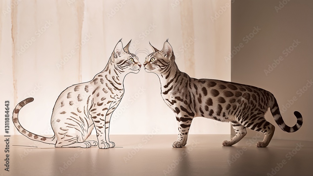 Naklejka premium Artistic illustration of two Bengal cats interacting in a softly lit environment, Pet Photography for Blogs, Websites, and Social Media Campaigns