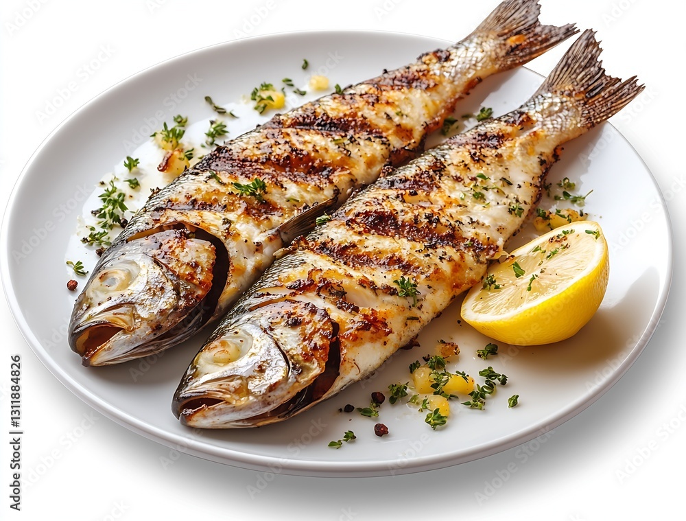 Delicious Grilled Fish with Lemon Garnish Perfectly Cooked for Gourmet Dining : Generative AI Delicious Grilled Fish with Lemon Garnish Perfectly Cooked for Gourmet Dining : Generative AI