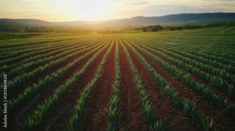 Golden hour illuminates rows of crops at agricultural farmland landscape Golden hour illuminates rows of crops at agricultural farmland landscape