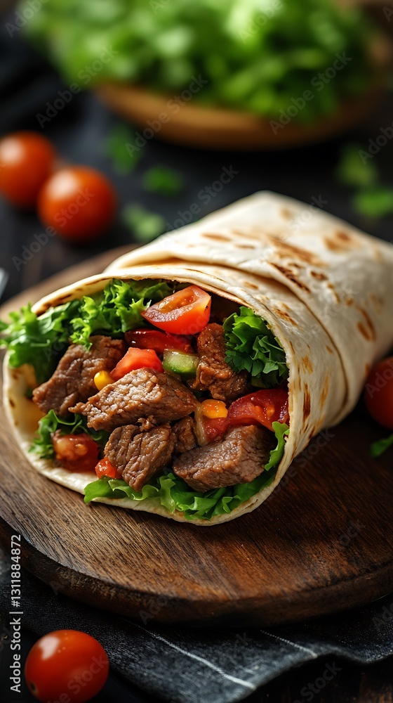 Delicious beef burrito on wooden board. Delicious beef burrito on wooden board.
