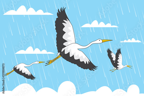 Vector flock of storks flying in the sky. Illustration of stork life in the wild