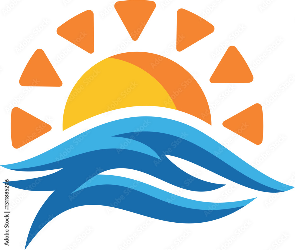 Sunset wave logo. Ocean beach travel emblem for tropical summer vacation and coastal branding Sunset wave logo. Ocean beach travel emblem for tropical summer vacation and coastal branding