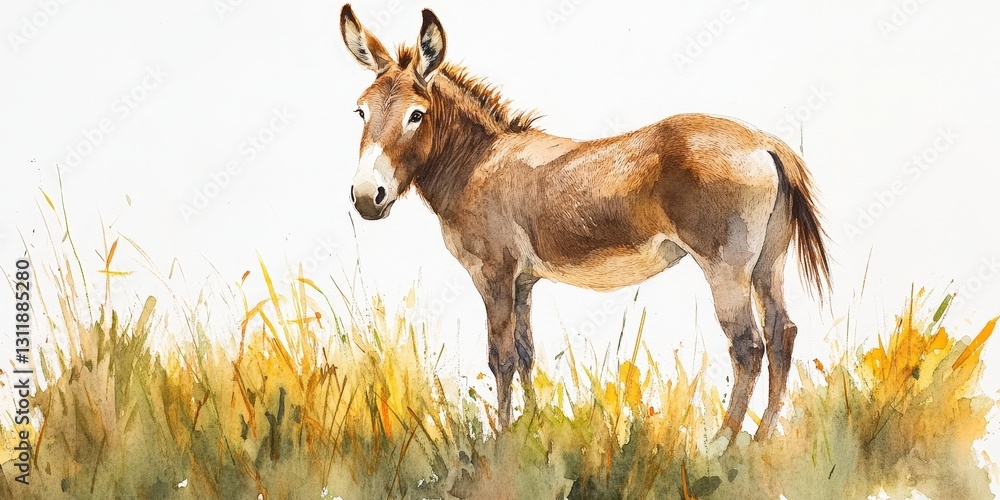 A serene watercolor of a chestnut-and-tan donkey amidst lush golden-brown fields, gazing elegantly right while tilting its head left A serene watercolor of a chestnut-and-tan donkey amidst lush golden-brown fields, gazing elegantly right while tilting its head left