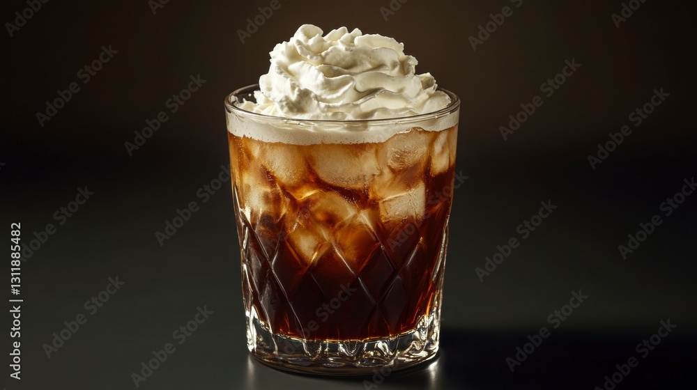 Dark Brown Cocktail with Whipped Cream in Rocks Glass Dark Brown Cocktail with Whipped Cream in Rocks Glass