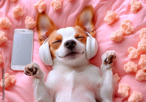 Cute Puppy Enjoying Music with Headphones and Relaxing on a Soft Pink Blanket : Generative AI photo