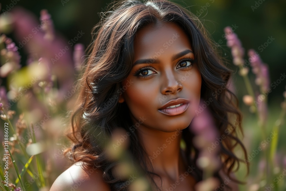 Naklejka premium Elegant woman with olive skin surrounded by delicate purple flowers basking in sunlight