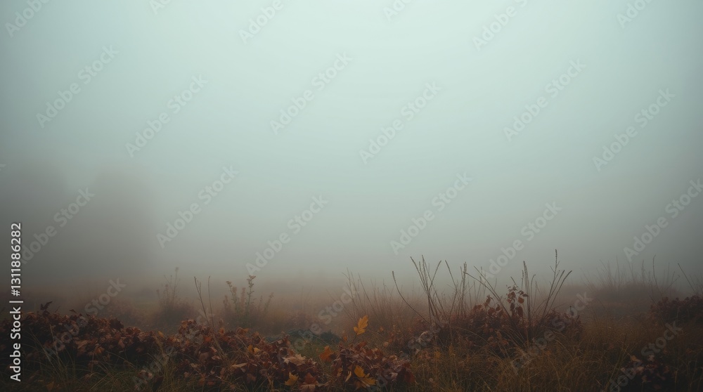 Naklejka premium Ethereal autumn landscape shrouded in mist, creating a serene and mysterious atmosphere