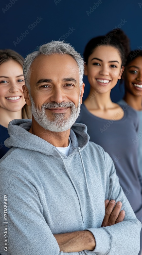 Diverse group of people smiling in athletic wear stands against a bright blue wall, showcasing urban city life during daylight Diverse group of people smiling in athletic wear stands against a bright blue wall, showcasing urban city life during daylight