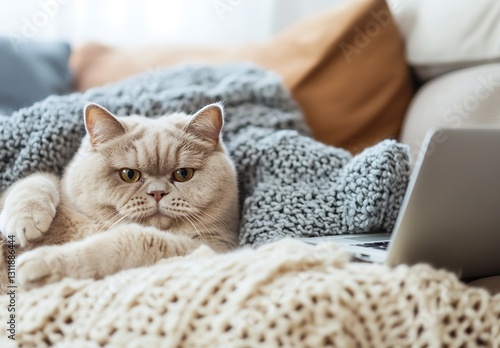 Lazy cat lounging comfortably on a cozy blanket looking relaxed while lying next to a laptop in a warm space : Generative AI