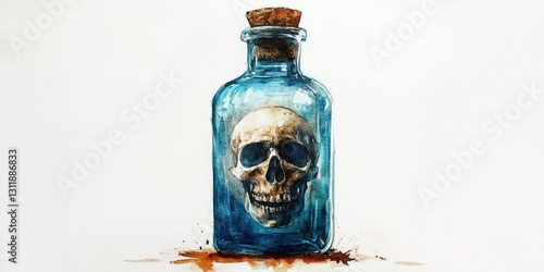 A mesmerizing watercolor captures a mysterious blue glass bottle sealed with a brown cork, cradling an eerie skull within. Shades of blue and brown dance across the canvas, evoking intrigue and depth photo