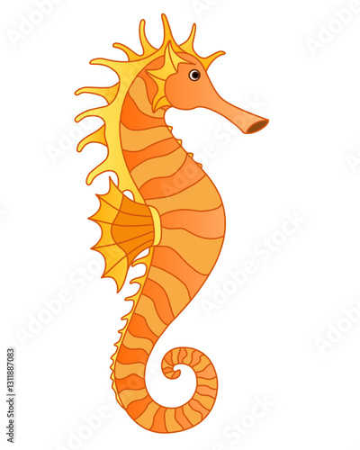 Golden-orange cute Seahorse in cartoon style - ocean dweller - vector full color picture. Fish seahorse is an underwater life.	