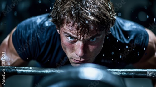 Focused Man Weightlifting Intense Workout Session, Sweat Dripping, Low Light Gym Portrait