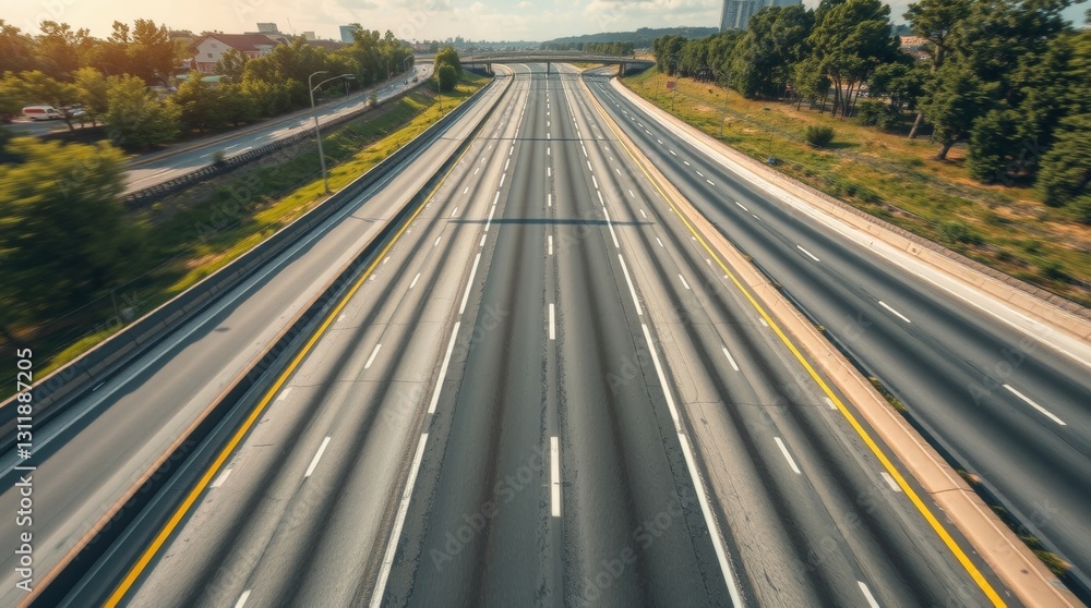 High-Angle View of Multi-Lane Highway with Distant Cityscape Revealing Infrastructure High-Angle View of Multi-Lane Highway with Distant Cityscape Revealing Infrastructure