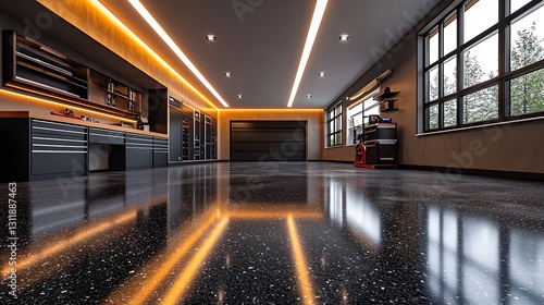 Spacious and modern garage with a polished epoxy floor, sleek workbench, and illuminated ceiling, 8K rendering
