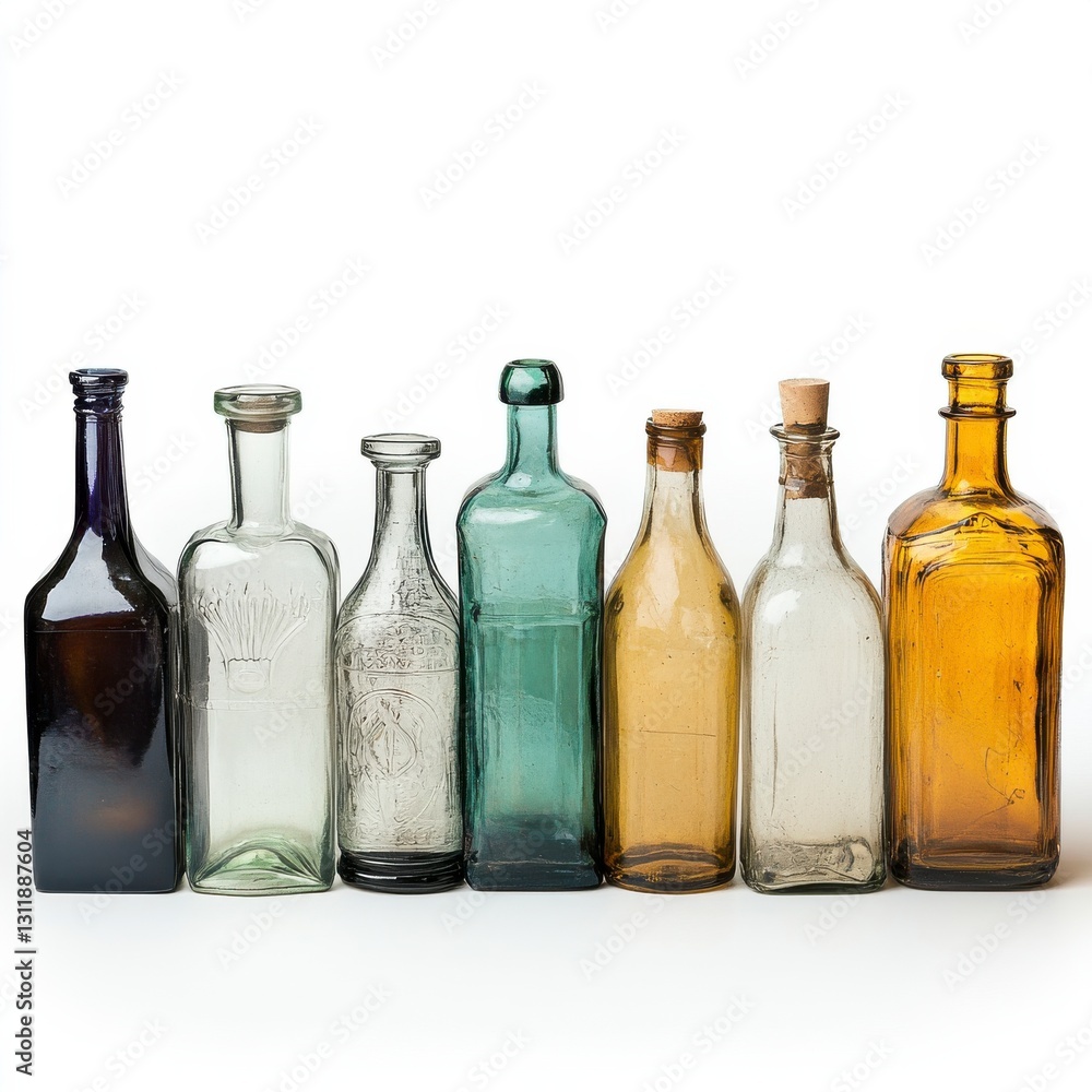 Antique Glass Bottle Collection Various Colors and Shapes Antique Glass Bottle Collection Various Colors and Shapes