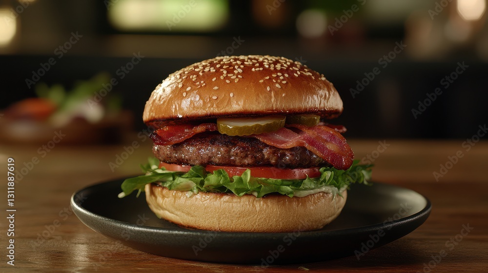 Juicy Grilled Burger with Crispy Bacon and Fresh Vegetables Juicy Grilled Burger with Crispy Bacon and Fresh Vegetables
