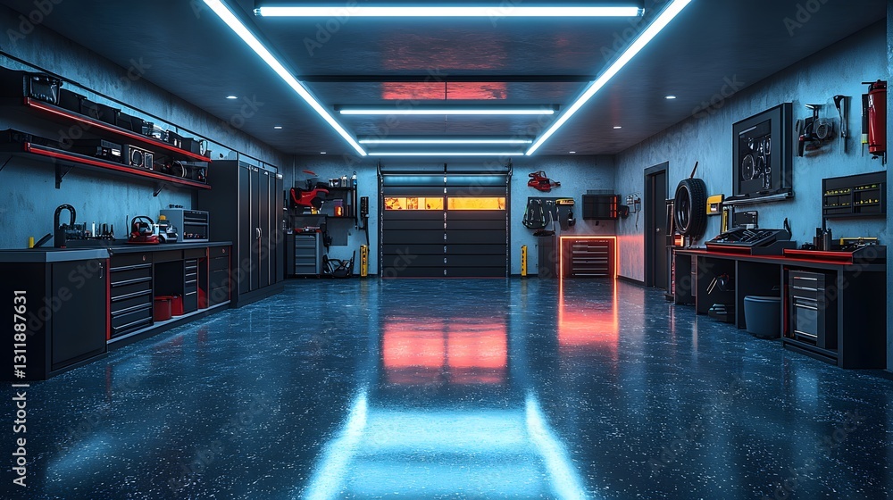 Fototapeta premium Minimalist garage interior with a reflective epoxy-coated floor, bright LED lighting, and practical shelving, 3D render in 8K